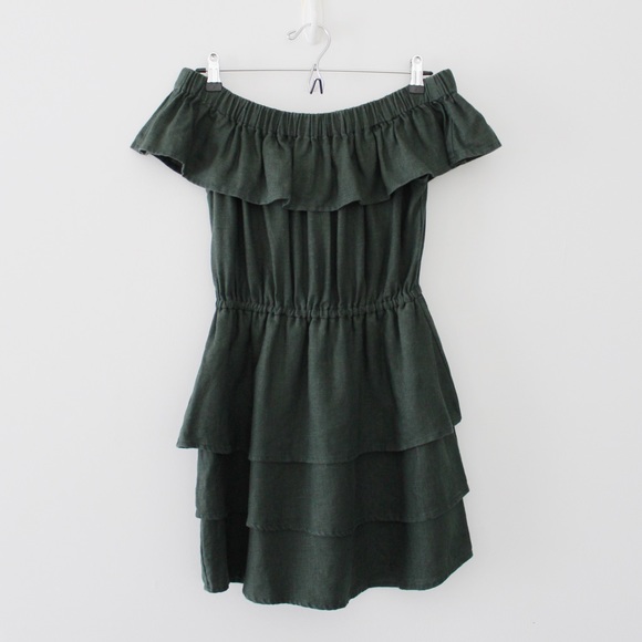 SIR The Label / Revolve Stefi Linen Off Shoulder Ruffle Mini Dress in Dark Olive - Picture 7 of 11